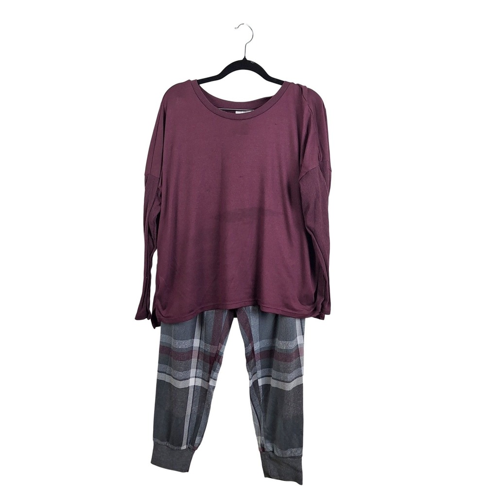 Joyspun Womens Pajama Set Purple Long Sleeve Top Plaid Jogger Pants Large 12-14